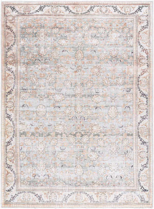 Close-up of the Zamir Vintage Flat Pile Washable Rug. Traditional floral pattern in cream, peach, sage, and black on a light background. Design-Rectangle-5373