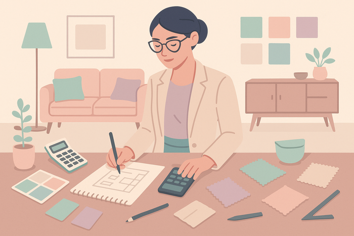 A pastel color flat design illustration of a confident female interior designer with glasses, standing in a stylish room, making calculations and sketches for the room decoration, surrounded by furniture samples, color swatches, and decor items, clean minimalist shapes, soft shadows, square aspect ratio