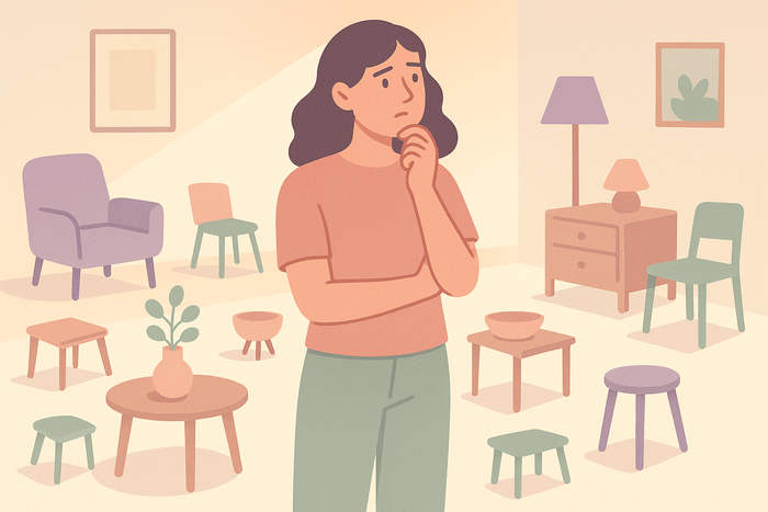 A pastel color flat design illustration of a woman standing in a cozy room, surrounded by furniture and decor items, looking thoughtful and indecisive about the room decoration, some items placed randomly as if she is experimenting, soft lighting, minimalist shapes, clean lines, square aspect ratio