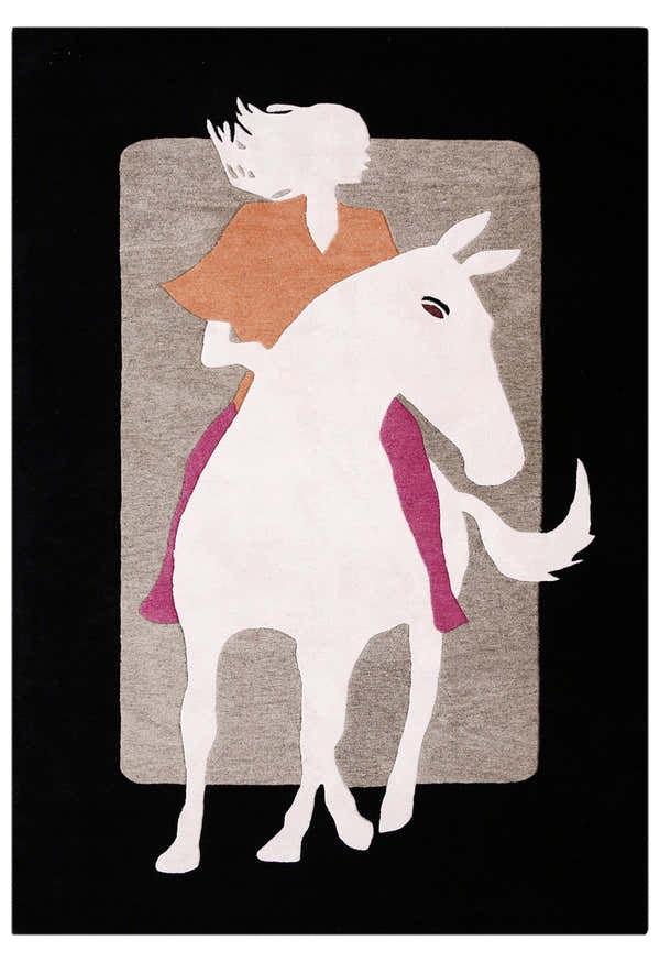 A Women Rider Horse Ivory And Black Hand Tufted 5x8 Wool Area Rug