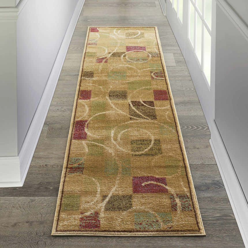 Hallway scene with a Nourison Expressions Beige runner rug featuring a modern geometric pattern.
