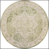 Close-up of the round Nourison Astra Ivory Green rug. Vintage design with chestnut accents. Machine-made texture.