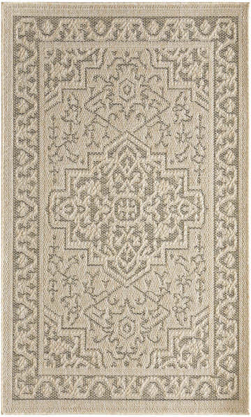 Close-up of Nourison Tulum Taupe Olive outdoor rug. Machine-made pile with ivory and olive geometric pattern.