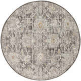 Round Nourison Oushak Home Charcoal Vintage Area Rug with taupe floral pattern and distressed texture.