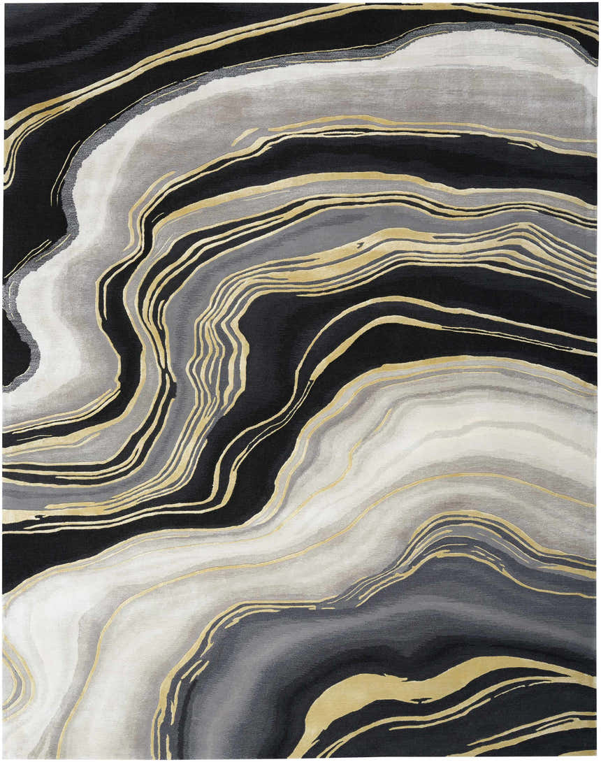Close-up of the Nourison Prismatic Charcoal Grey rug featuring a modern, abstract pattern in taupe, grey, black, and gold.