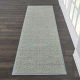 Close-up of Nourison Jubilant Ivory Green runner rug. Farmhouse style rug with floral pattern on dark wood floor.
