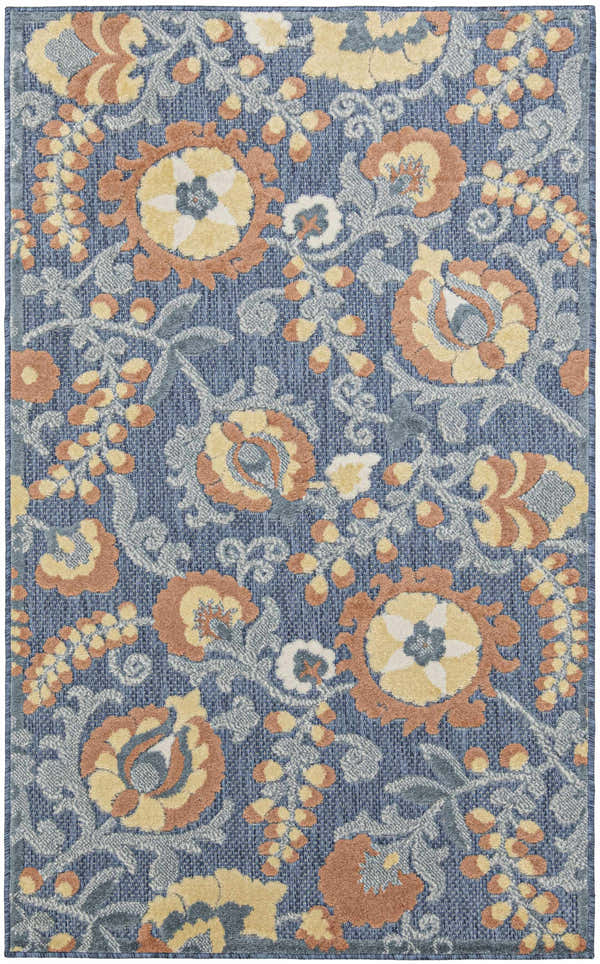 Close-up of Nourison Aloha Blue Rose Farmhouse Area Rug with floral pattern in blue, rose, gold, and gray.