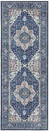 Close-up of the Nourison Fulton Navy Ivory vintage rug. Features a detailed traditional pattern in navy, ivory, and chestnut tones.