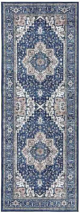 Close-up of the Nourison Fulton Navy Ivory vintage rug. Features a detailed traditional pattern in navy, ivory, and chestnut tones.