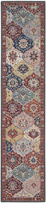 Close-up of Nourison Parisa Multicolor runner rug. Traditional floral pattern in red, blue, gold, gray, and pink tones.
