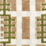 Close-up of Nourison Nordic Multicolor Rug. Modern design with green, tan, and white geometric pattern. Pile texture.