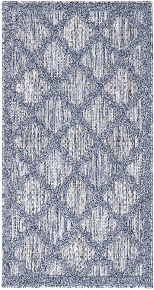 Close-up of Nourison Easy Care Denim Blue Modern Area Rug with a geometric trellis pattern.