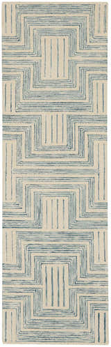 Close-up of Nourison Interlock Ivory/Turquoise rug. Geometric design with blue lines on an ivory background. Handmade wool rug.
