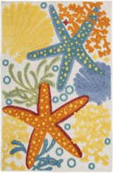 Close-up of the Nourison Aloha Multicolor rug featuring starfish, coral, and seashell designs.