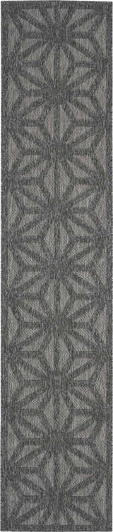 Close-up of the dark grey Nourison Cozumel rug featuring a textured, mid-century modern geometric pattern.