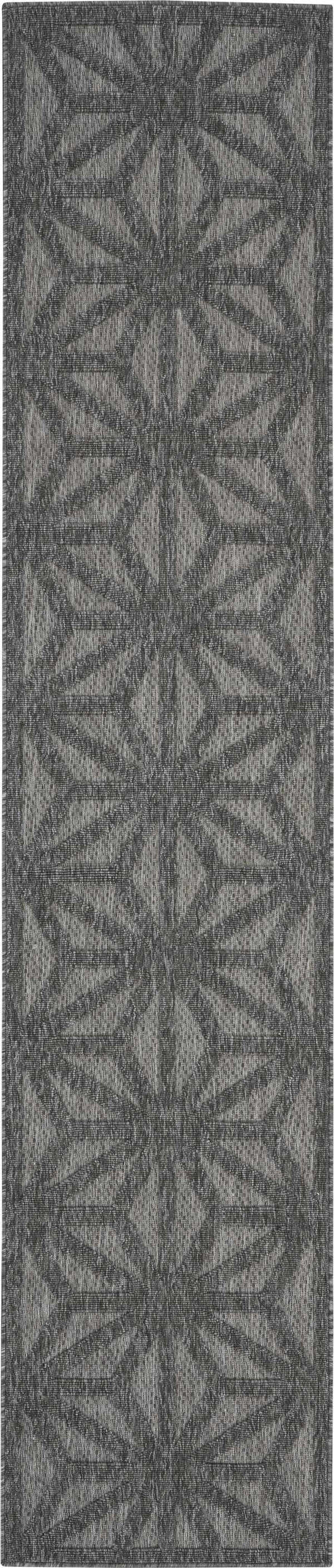 Close-up of the dark grey Nourison Cozumel rug featuring a textured, mid-century modern geometric pattern.