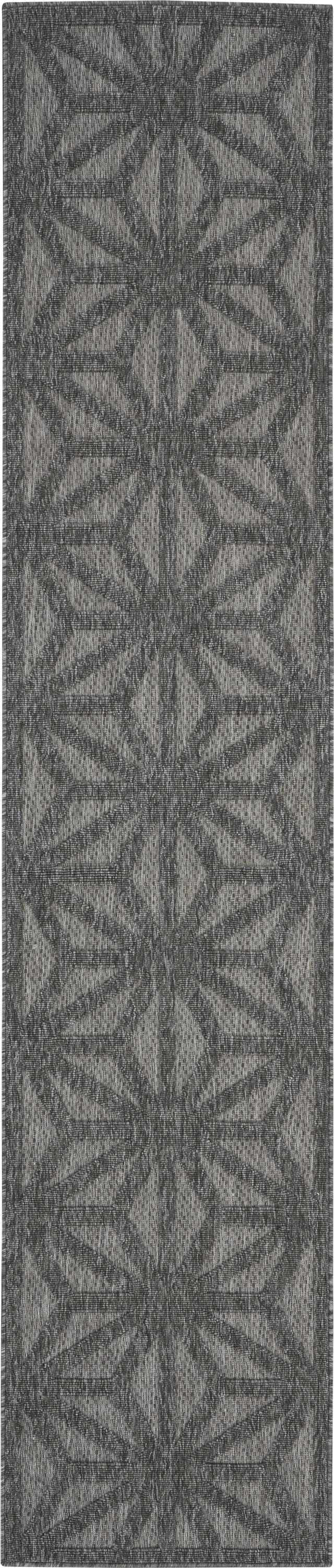Close-up of the dark grey Nourison Cozumel rug featuring a textured, mid-century modern geometric pattern.