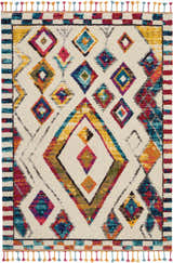 Close-up of Nourison Nomad Ivory Multicolor Tribal Area Rug with diamond pattern and colorful tassels.