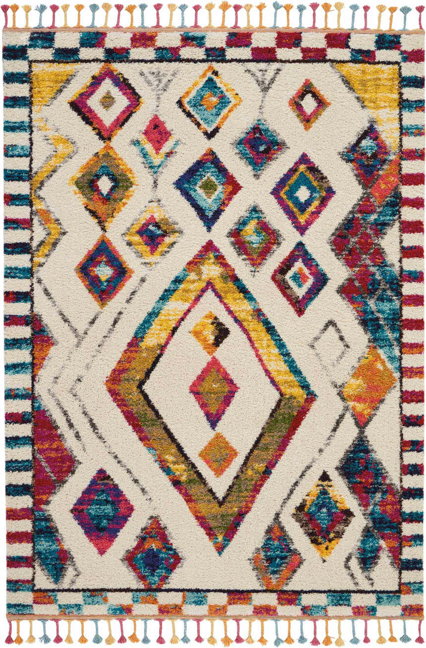 Close-up of Nourison Nomad Ivory Multicolor Tribal Area Rug with diamond pattern and colorful tassels.