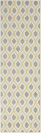 Close-up of Nourison Grafix White Contemporary Rug featuring a geometric diamond pattern in off-white, gray, and gold.