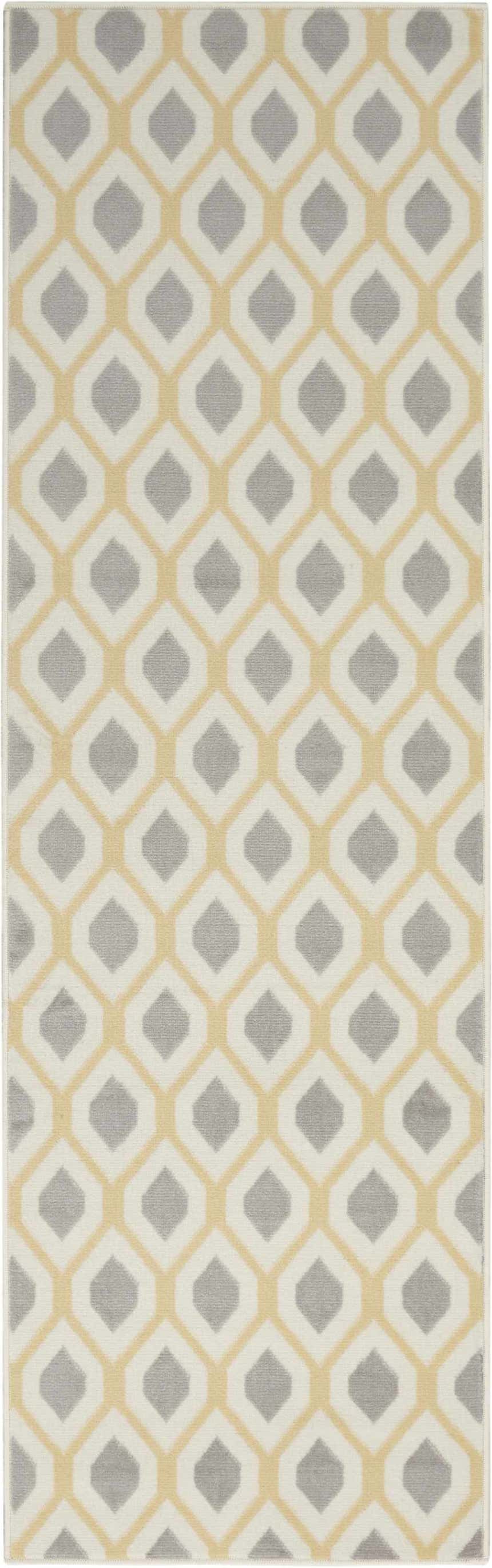 Close-up of Nourison Grafix White Contemporary Rug featuring a geometric diamond pattern in off-white, gray, and gold.