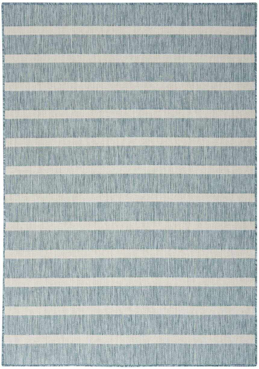 Close-up of the Nourison Positano Aqua Ivory Area Rug featuring a striped pattern and textured weave.