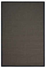 Close-up of the Michael Amini Brilliance Charcoal rug. Taupe sisal with subtle shimmer and a sleek black polyester border.