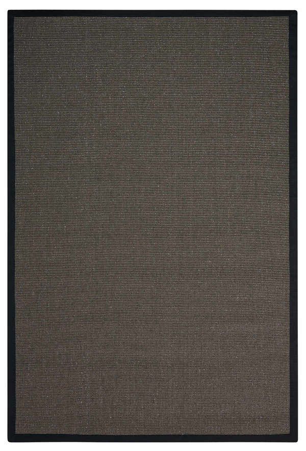 Close-up of the Michael Amini Brilliance Charcoal rug. Taupe sisal with subtle shimmer and a sleek black polyester border.