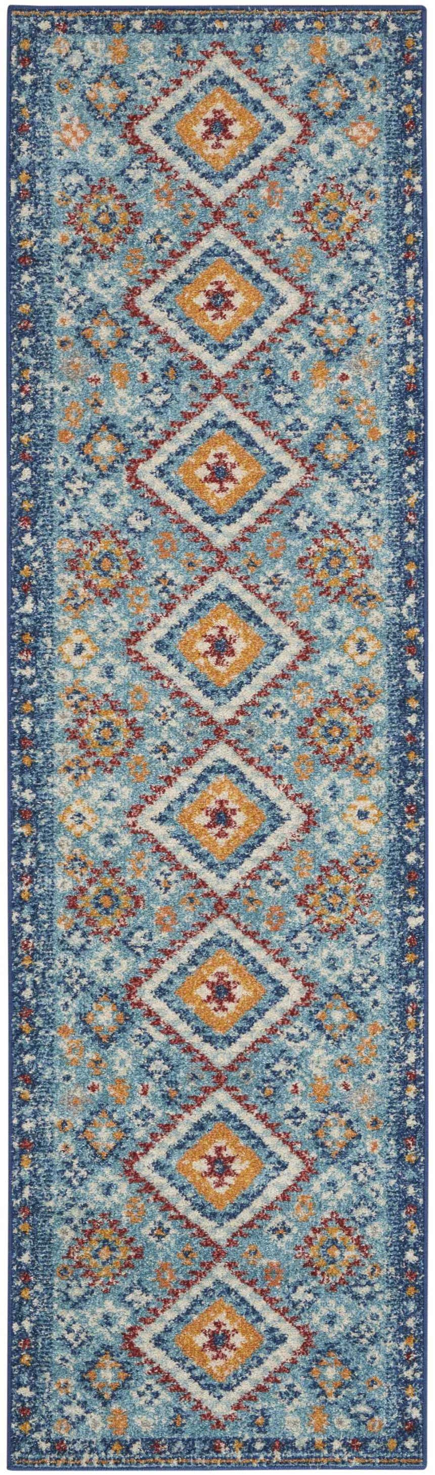 Close-up of Nourison Passion Blue Multicolor Bohemian Area Rug, featuring diamond patterns in blue, red, and gold.