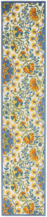 Close-up of Nourison Aloha Multicolor rug, featuring a floral pattern in yellow, blue, green, and orange on an ivory background.