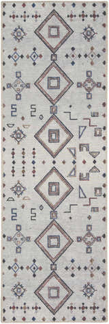 Close-up of Nourison New Concept Ivory Multicolor Bohemian rug. Geometric diamond pattern in chestnut, red, and blue on ivory.