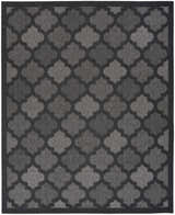 Close-up of the Nourison Easy Care Charcoal Black rug featuring a taupe quatrefoil pattern.
