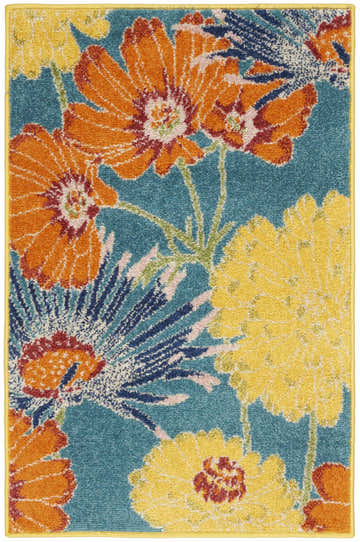 Close-up of Nourison Allur Turquoise Multicolor rug with a bright floral pattern in orange, yellow, and navy on a turquoise background.