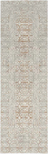 Close-up of Nourison Desire Ivory Beige rug featuring a geometric chestnut and gray pattern.