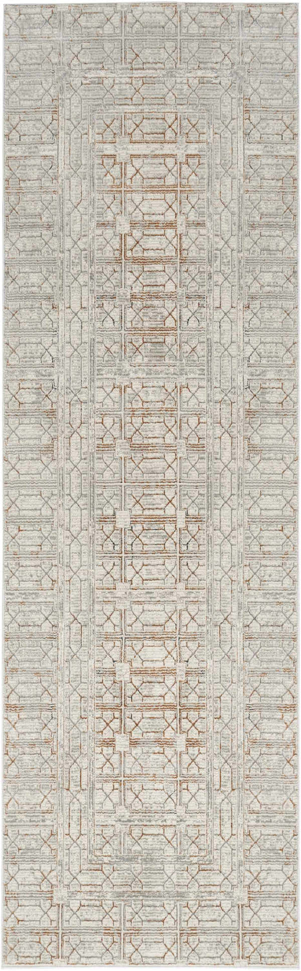 Close-up of Nourison Desire Ivory Beige rug featuring a geometric chestnut and gray pattern.