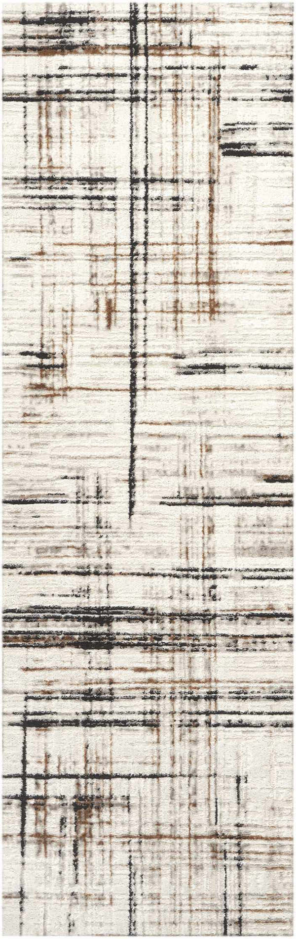 Close-up of Calvin Klein CK029 Captivating Ivory Multicolor rug. Modern design with chestnut, ivory, and black abstract lines.