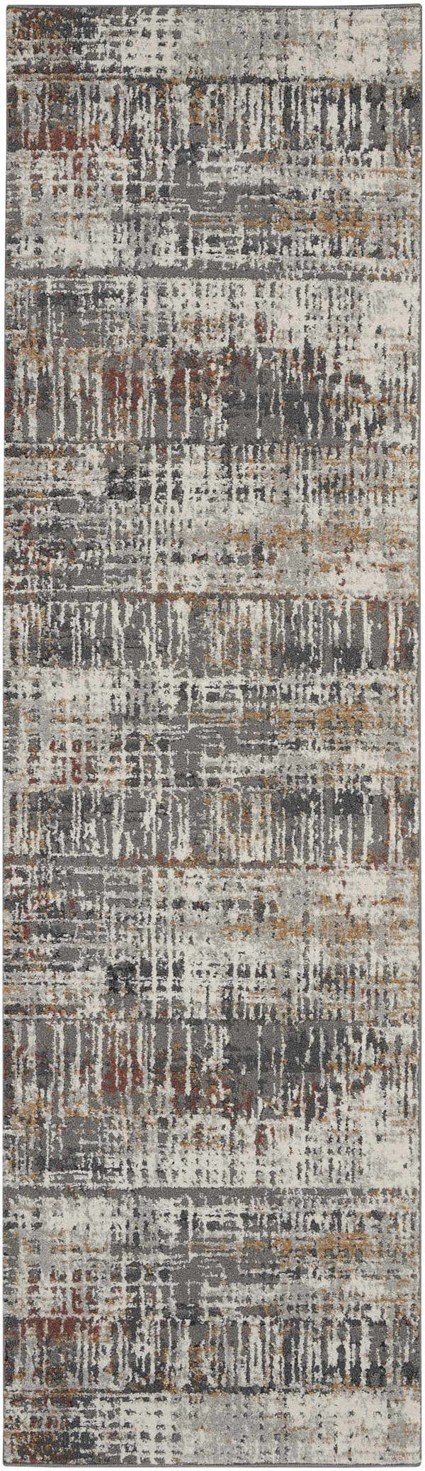Close-up of the Nourison Tangra Multicolor rug showing its abstract, mid-century modern design and gray, white, and rust colors.