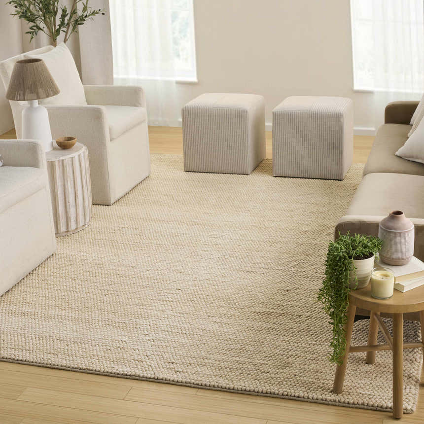 Living room scene with a beige DKNY Pure Knots rug, neutral furniture, and natural light creating a calming, modern space.