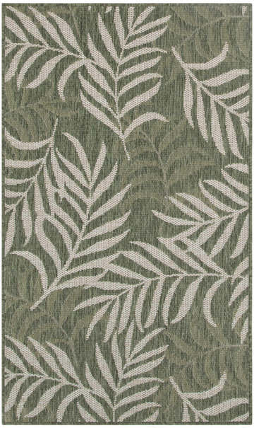 Close-up of the Nourison Garden Oasis Green Ivory Tropical Area Rug with a leafy, nature-inspired pattern.