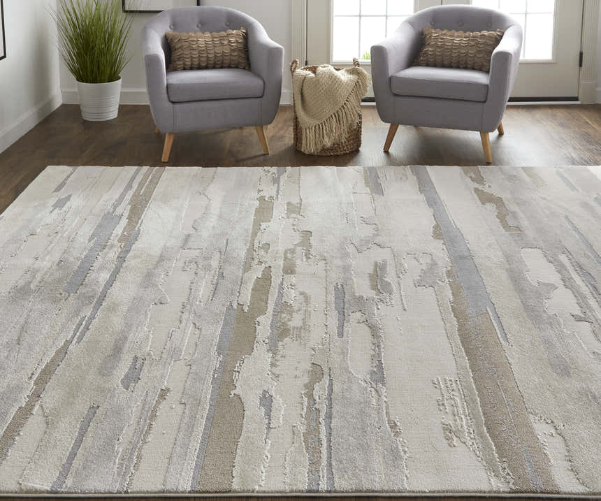 Living room scene with gray chairs and Feizy Vancouver Ivory/Tan/Brown Area Rug. Roomscene-Rectangle