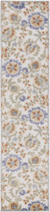 Close-up of Nourison Aloha Ivory Blue Outdoor Area Rug with floral pattern in chestnut, blue, and green hues.