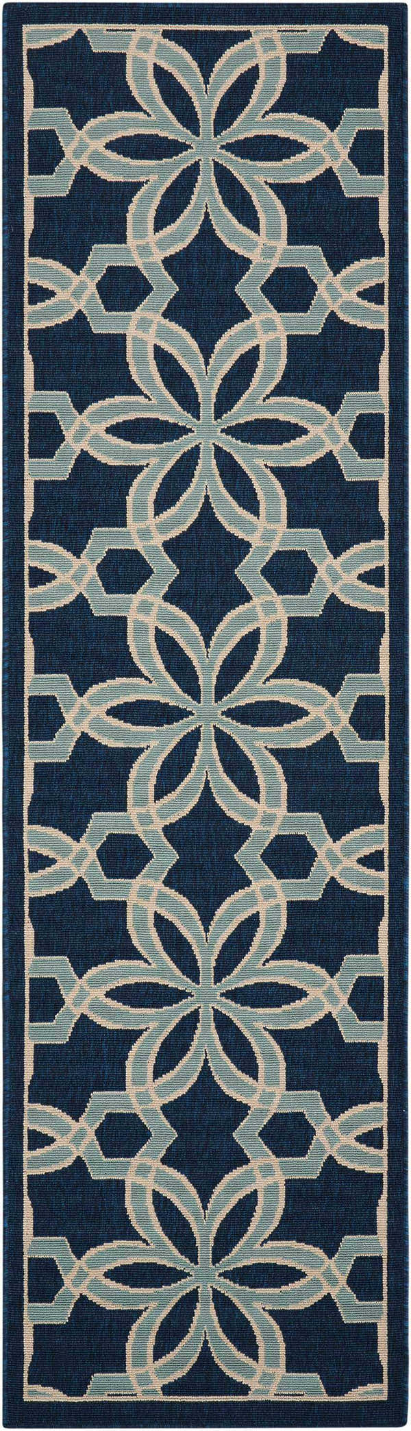 Close-up of Nourison Caribbean Navy Contemporary Area Rug with floral and geometric pattern.