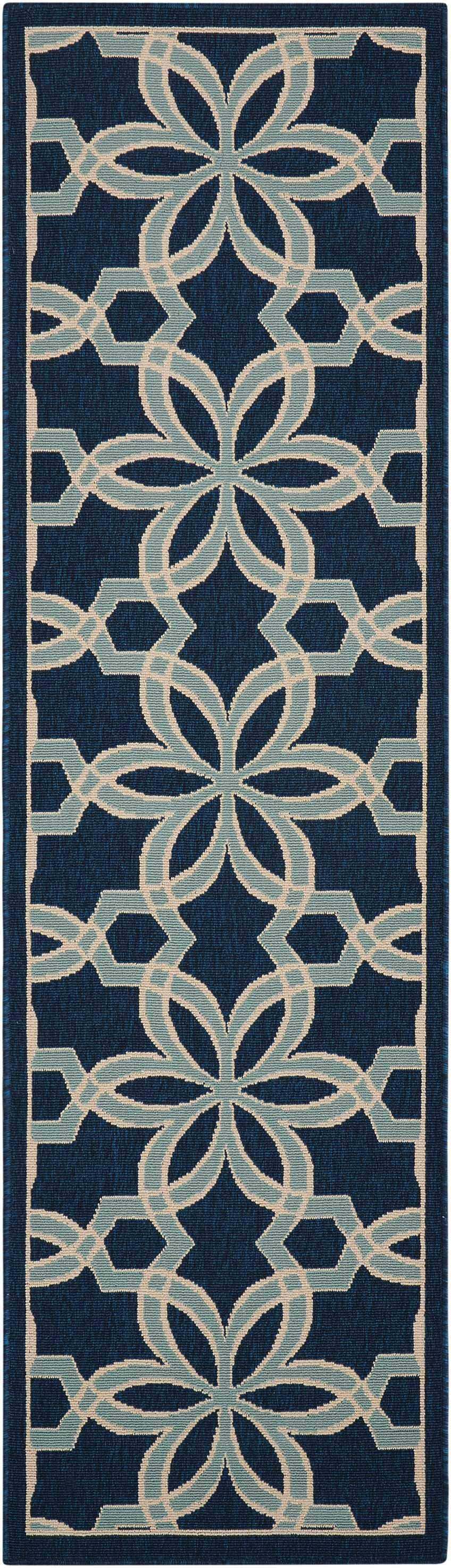 Close-up of Nourison Caribbean Navy Contemporary Area Rug with floral and geometric pattern.