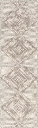 Close-up of the hand woven Aanislag Cream Wool Runner featuring a geometric diamond pattern in cream and gray. Design-Runner-268