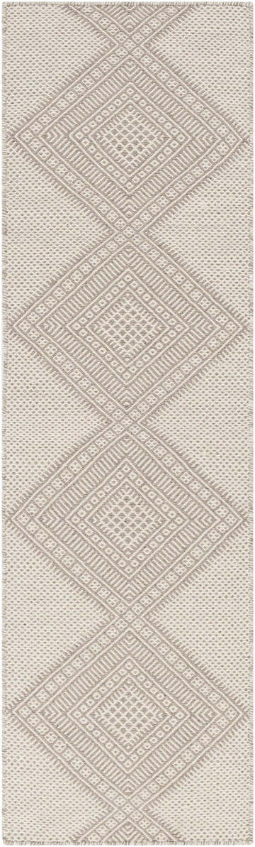 Close-up of the hand woven Aanislag Cream Wool Runner featuring a geometric diamond pattern in cream and gray. Design-Runner-268