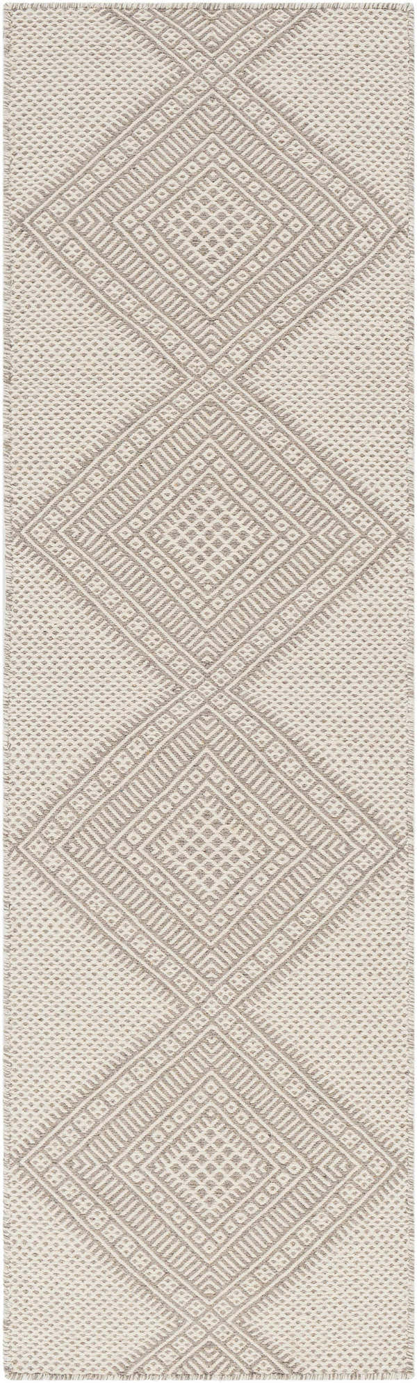 Close-up of the hand woven Aanislag Cream Wool Runner featuring a geometric diamond pattern in cream and gray. Design-Runner-268