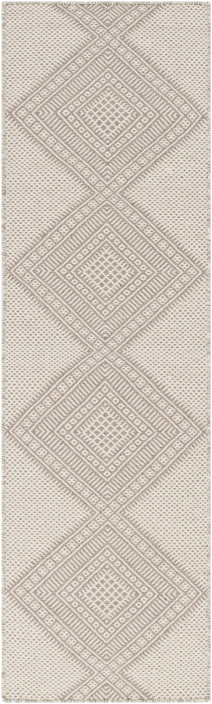 Close-up of the hand woven Aanislag Cream Wool Runner featuring a geometric diamond pattern in cream and gray. Design-Runner-268