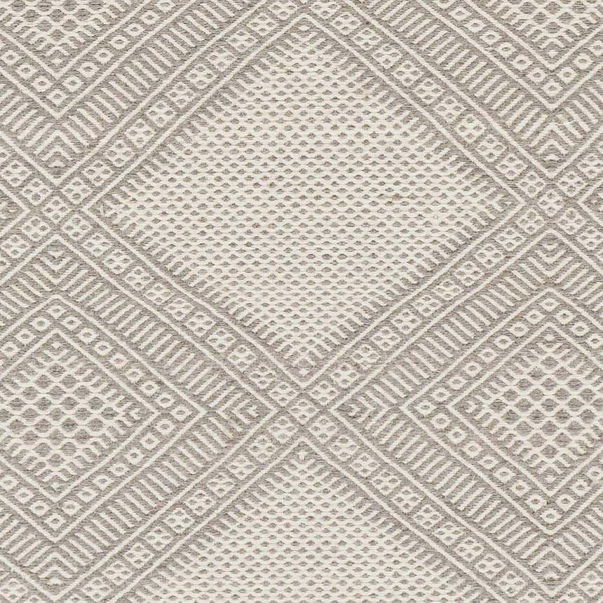 Close up of the Aanislag Cream Wool Runner featuring a gray geometric diamond pattern and hand woven texture. Swatch
