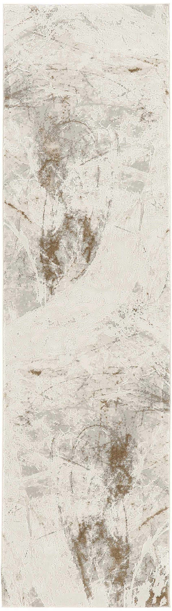 Close-up of the Nourison Desire Cream Gray rug. Features an abstract pattern with cream, gray, and brown tones.