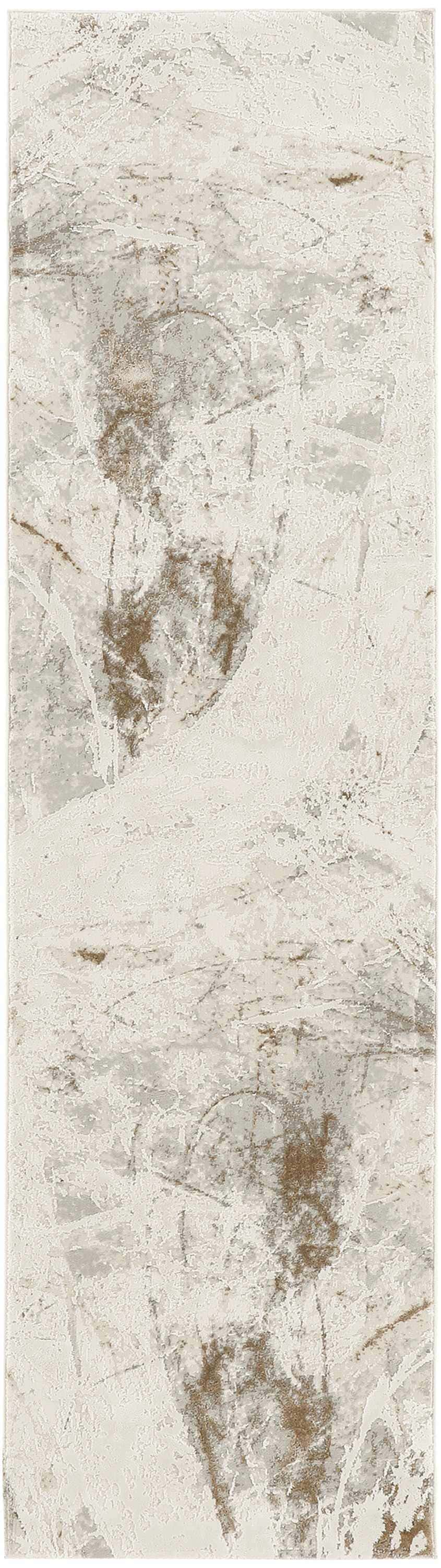 Close-up of the Nourison Desire Cream Gray rug. Features an abstract pattern with cream, gray, and brown tones.